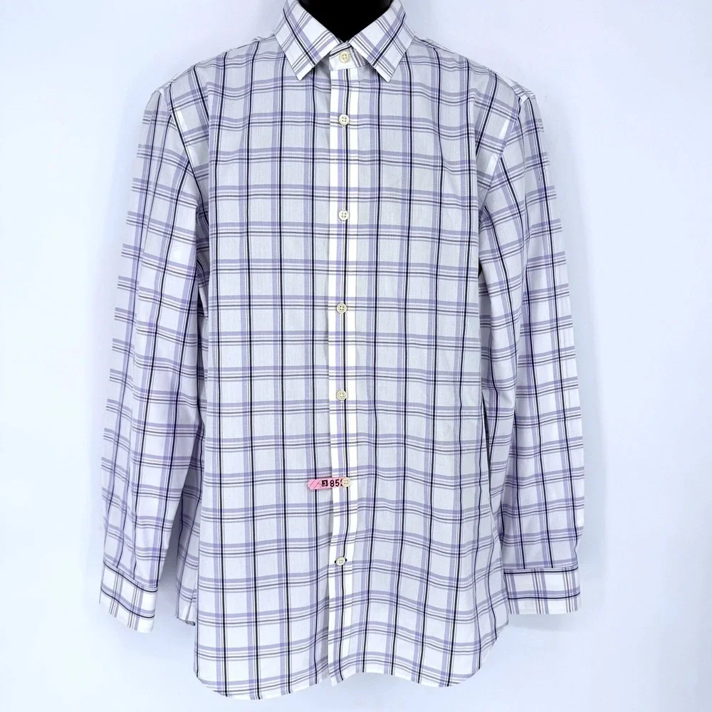 Banana Republic Mens L Non-Iron Tailored Slim Fit Purple White Plaid Dress Shirt